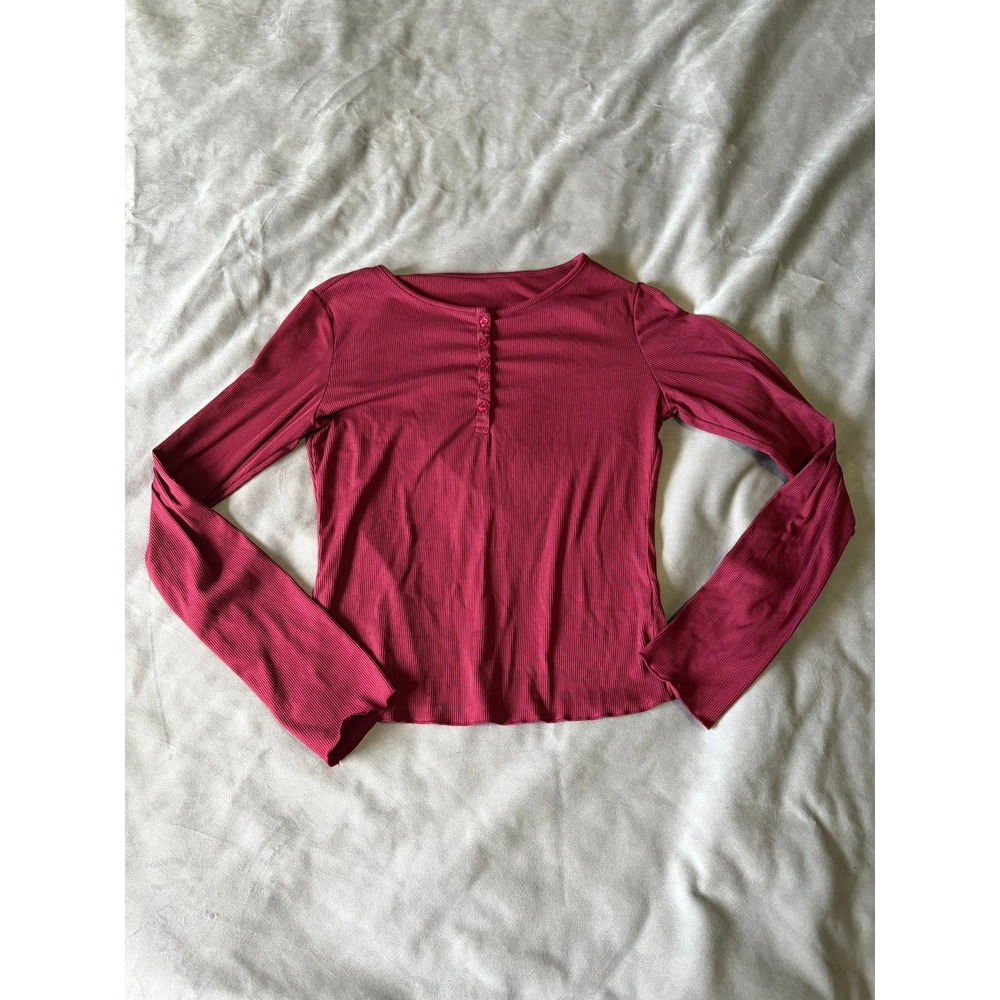 Dazy Burgundy Ribbed Long Sleeve Henley Top Lettuce Edge Wine Red Size Large